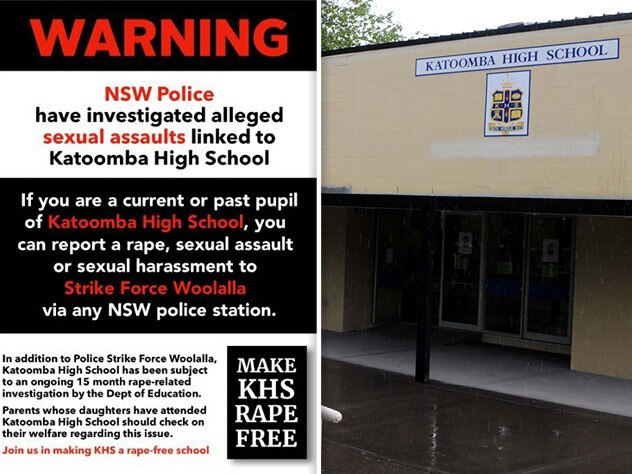 The flyer (left) calling to make Katoomba High School ‘a rape-free school’.