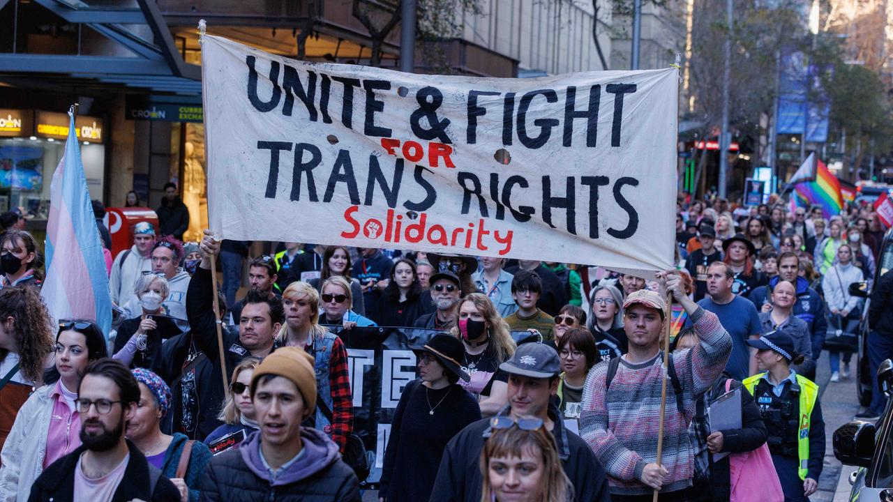 Attendees of the Trans Rights are Human Rights Pro Trans Rights rally gathered at Town Hall before marching through the city streets. Picture: NCA NewsWire/ David Swift