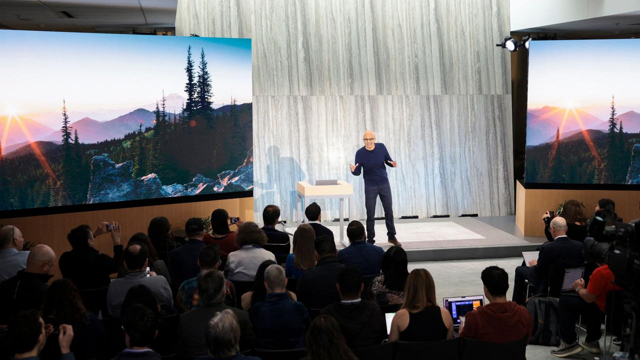 Nadella announcing Microsoft’s partnership with ChatGPT, a key factor behind the company’s recent success. Picture: Jason Redmond / AFP