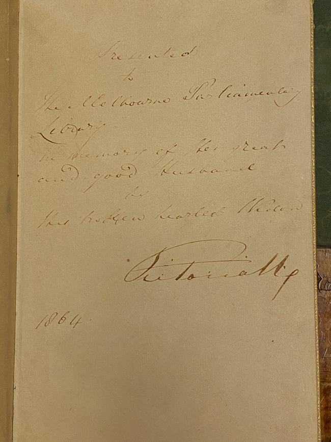 Autographed page in copy of The Principal Speeches and Addresses of His Royal Highness the Prince Consort of Victoria presented to the Melbourne Parliamentary Library