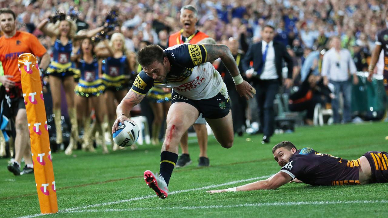 Cowboy's Kyle Feldt scoring a try to level the scores during the 2015 NRL Grand Final between the Brisbane Broncos and North Queensland Cowboys at ANZ Stadium. Picture. Phil Hillyard