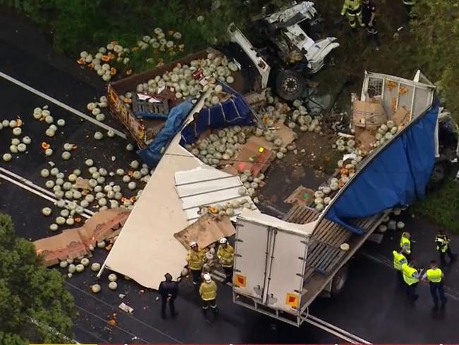 Motorists are being warned of traffic chaos after two trucks collided on a major Sydney road.Emergency services rushed to Richmond Road at Berkshire Park in the city’s northwest about 5.30am Tuesday after the trucks crashed.Richmond Road was closed in both directions as a major operation by Fire and Rescue NSW and the State Emergency Services worked to free the drivers of each vehicle.There were also two rescue helicopters at the scene to provide assistance. Picture: 9News