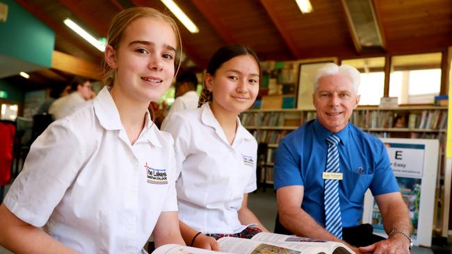 The Lakes Christian College was the most improved school in NAPLAN results. Pictured are students Samiah Donoghue and Aliyah Pale Eli with principal Kevin Bell (file photo). Picture: Angelo Velardo