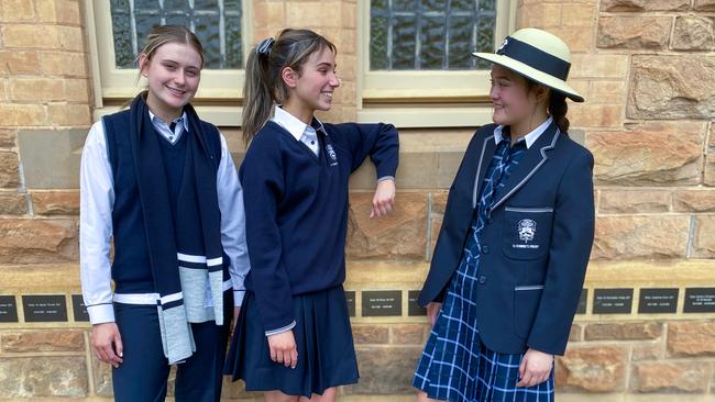 St Dominic's students in their new school uniforms. Eryn, Olivia, Jasmine . Picture: St Dominic's Priory School