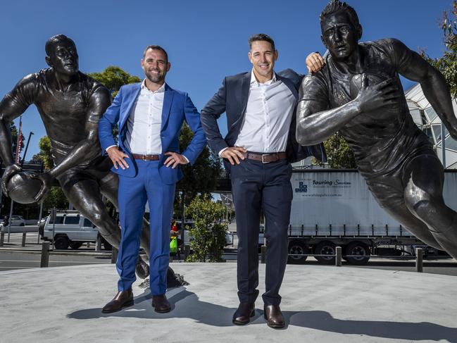 Melbourne Storm legends Cameron Smith and Billy Slater at the unveiling of their bronze statues at AAMI Park. Picture: Jake Nowakowski