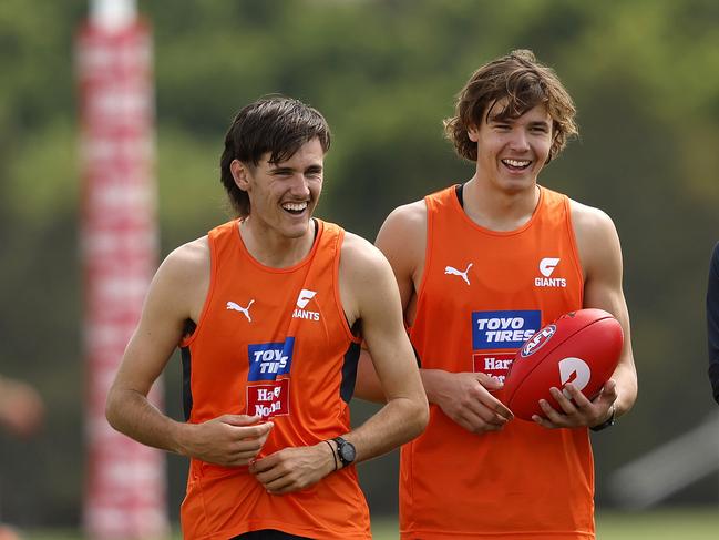 Jason Gilbee (left) and Aaron Cadman at GWS training. Picture: Phill Hillyard