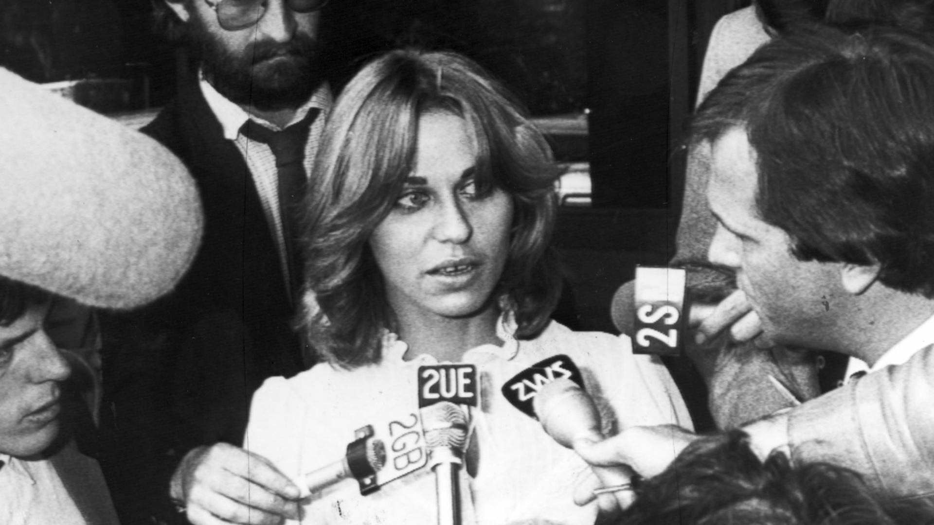 File pic 1981 Sallie -Anne Huckstepp faces media after inquest into death of drug dealer Warren Lanfranchi who was shot Jun 27 1981 by Police officer Roger Rogerson - (Huckstepp was murdered in Feb 1986) headshot crime nsw drugs