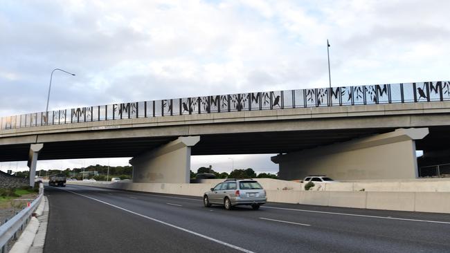 Rocks have been thrown from the Reynella Interchange bridge along the Southern Expressway. Picture: Bianca De Marchi