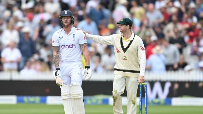 Ben Stokes is consoled by Steve Smith. Photo by Gareth Copley/Getty Images.