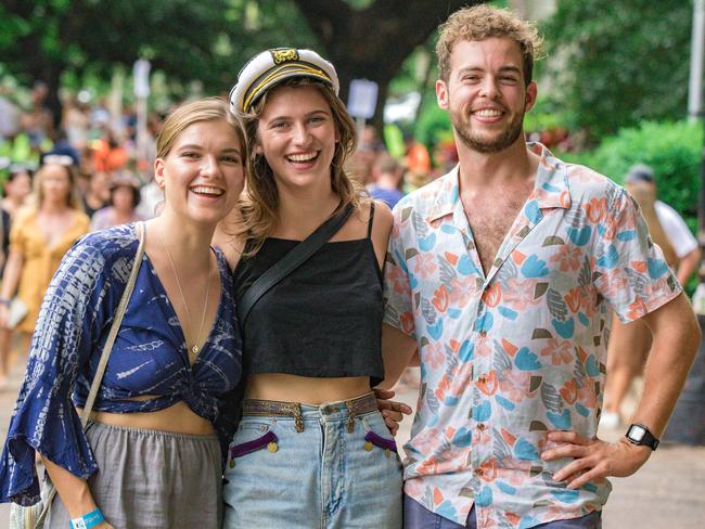 L to R Lara Andropov, Aiya Goodrich and Conor McLeod at the Summersalt festival in the Botanical Gardens Ampitheatre. Picture Glenn Campbell