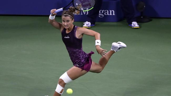 Lauren Davis hits a running forehand. Picture: AP