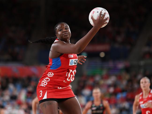 SYDNEY, AUSTRALIA - MAY 19: Sam Wallace-Joseph of the Swifts catches the ball during the round six Super Netball match between NSW Swifts and Giants Netball at Ken Rosewall Arena, on May 19, 2024, in Sydney, Australia. (Photo by Matt King/Getty Images)