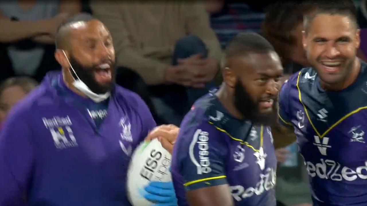 Screengrabs of injured Melbourne Storm player Josh Addo-Carr on the field after the Issac Lumelume try against Manly Picture nrl.com