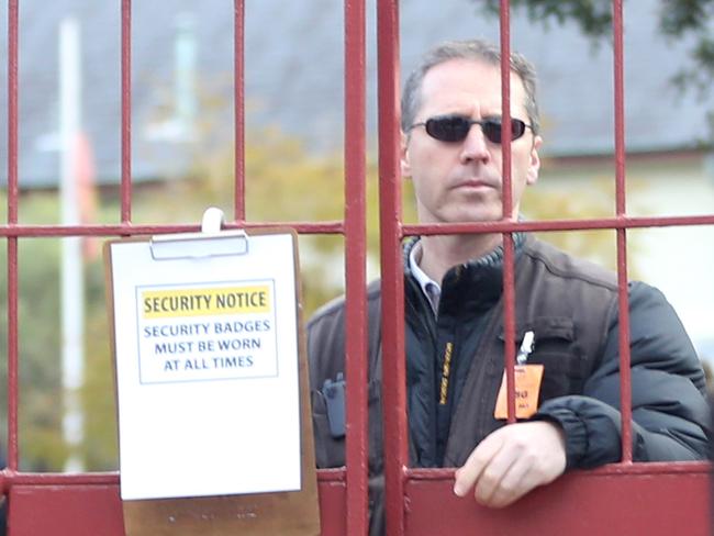 Security guards at Jewish schools In Sydney's Eastern Suburbs after a racial attack on a school bus yesterday. Extra Security outside Emanuel school Randwick. Pic John Grainger