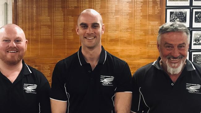 New Payneham Norwood Union coach Jace Bode (centre) with outgoing coach Garry McIntosh (right) and assistant Ben Hunt (left). Picture: Payneham Norwood Union Football Club