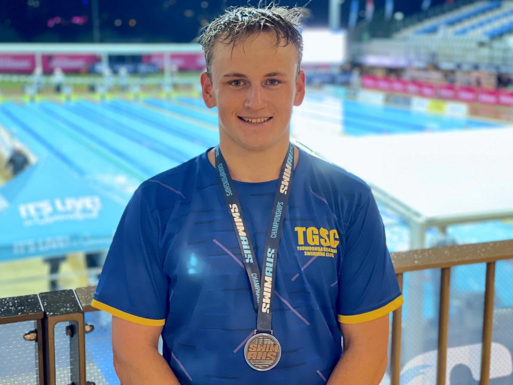 Lachlan McNamee proudly wearing his bronze medal he won at the 2023 Australian Swimming Age Championships Gold Coast titles. Picture: Contributed.