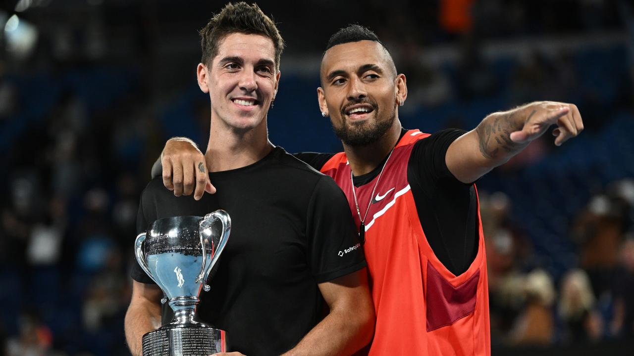 Thanasi Kokkinakis, pictured after winning the Australian Open doubles title with Nick Kyrgios, is back in Australia’s Davis Cup squad. Picture: Getty Images