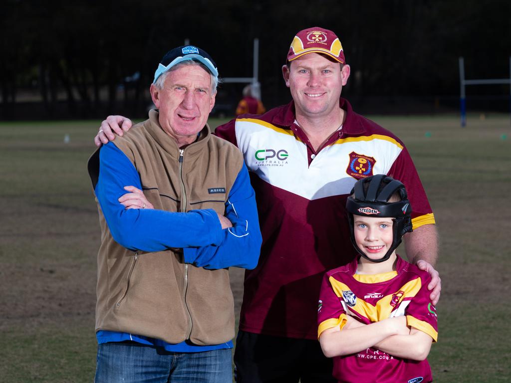 Steve, Andrew and his son Lachlan at Bill Delauney Reserve in Revesby a couple of years ago. Andrew is an involved member and coach at St Christopher’s.