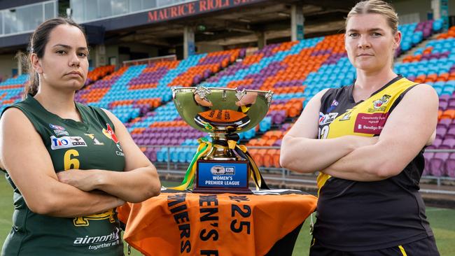 Nikita Long of St Mary's and Hannah Turnbull of the Nightcliff Tigers ahead of the 2024-25 NTFL grand final. Picture: Pema Tamang Pakhrin