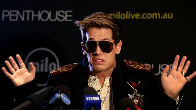 SYDNEY, AUSTRALIA - NOVEMBER 29:  Milo Yiannopoulos speaks during a press conference on November 29, 2017 in Sydney, Australia. Yiannopoulos is in Australia for his Troll Academy Tour.  (Photo by Lisa Maree Williams/Getty Images)