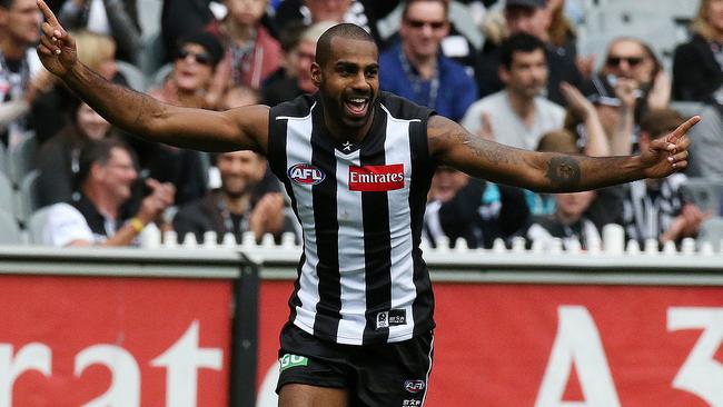 Heritier Lumumba celebrates a goal for Collingwood. Picture: Wayne Ludbey