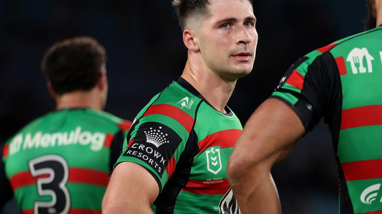 SYDNEY, AUSTRALIA - SEPTEMBER 01: Lachlan Ilias of the Rabbitohs looks dejected after the round 27 NRL match between South Sydney Rabbitohs and Sydney Roosters at Accor Stadium on September 01, 2023 in Sydney, Australia. (Photo by Matt King/Getty Images)