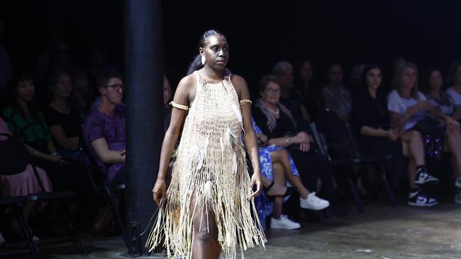 A model showcases the Gulayi collection from designer Chantel Henley at the Cairns Indigenous Art Fair fashion performance, Woven, held at the Tanks Arts Centre, Edge Hill. Picture: Brendan Radke