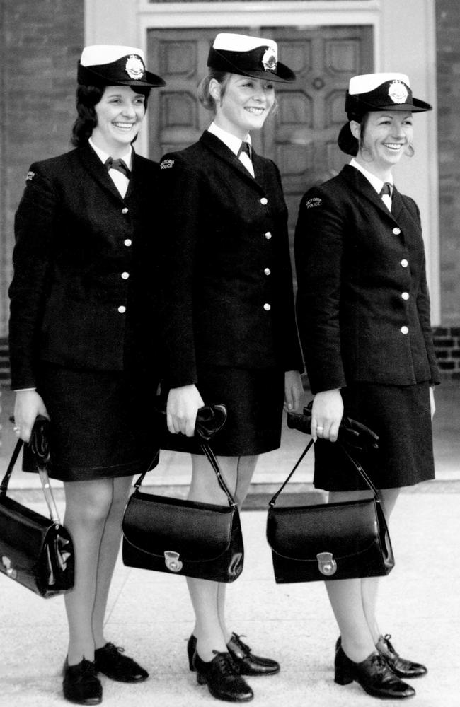 1972: During the 1970s, women took on a greater role and joined Victoria Police in greater numbers. Constables Judith Hughes, Christine McIntyre and Evadina Ringma pose at the Victoria Police Academy with new police-issue handbags, which were custom-made to carry batons. Picture: Herald Sun