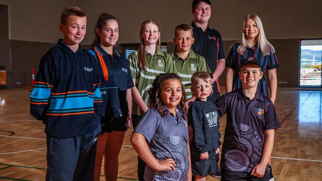 Ethan and Evelyn from Riverbanks College; Alyshia and Corey from Goolwa Secondary college and Landon and Holly from Whyalla Secondary College. With (Front) Lexy, Joel and Laif from Aldinga Payinthi College, modeling their new uniforms. Picture: Tom Huntley