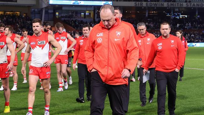 ADELAIDE, AUSTRALIA - AUG 03: John Longmire, Senior Coach of the Swans after the loss during the 2024 AFL Round 21 match between the Port Adelaide Power and the Sydney Swans at Adelaide Oval on August 03, 2024 in Adelaide, Australia. (Photo by Sarah Reed/AFL Photos via Getty Images)