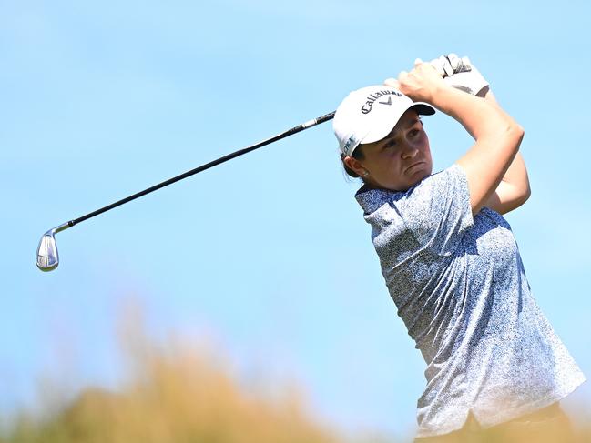 Ash Barty tees off during day one of the 2024 New Zealand Golf Open at Millbrook Resort on February 29, 2024 in Queenstown. Picture: Hannah Peters/Getty Images.