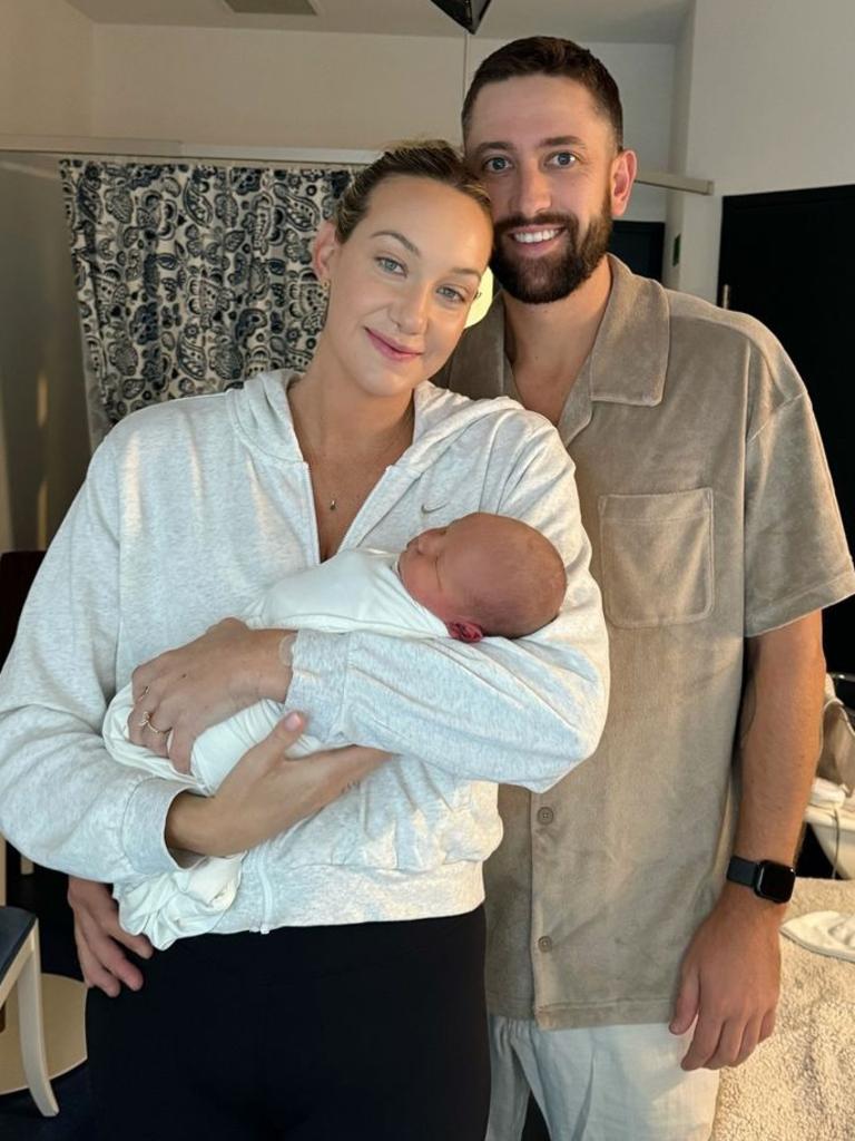 Olympic swimmer Madi Wilson and her cricketing partner Matt Short have announced the birth of their first baby Austin Wilson Short. Picture: Instagram.