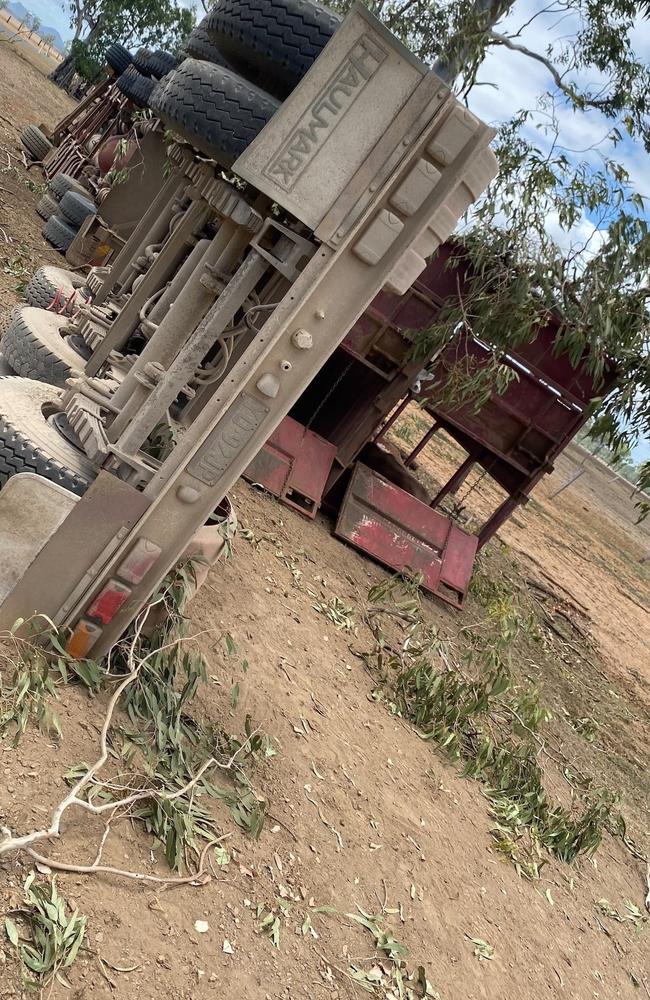 Emergency services rushed to the scene on Turrawulla Rd near Hail Creek about 10am Thursday where the cattle had to be removed from the road train.