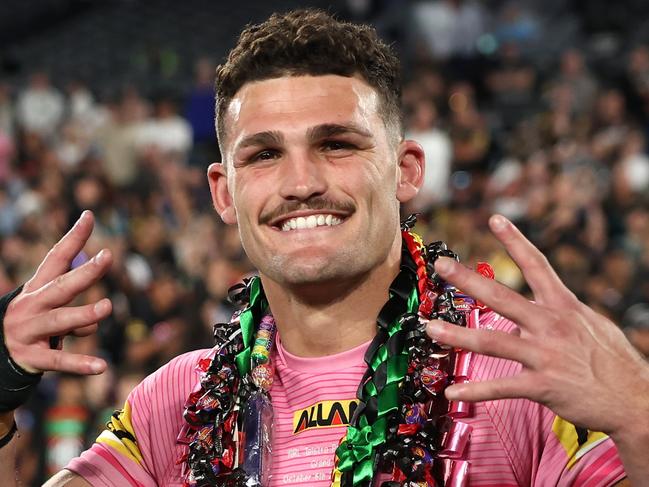 SYDNEY, AUSTRALIA - OCTOBER 06:  Nathan Cleary of the Panthers celebrate after winning the 2024 NRL Grand Final match between the Melbourne Storm and the Penrith Panthers at Accor Stadium on October 06, 2024, in Sydney, Australia. (Photo by Cameron Spencer/Getty Images)