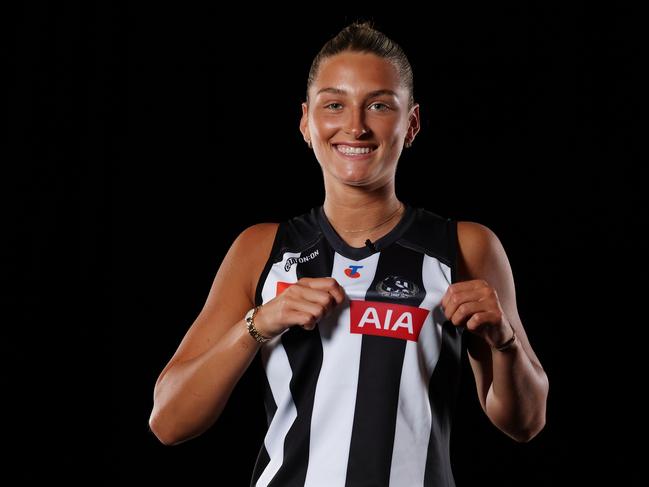 MELBOURNE, AUSTRALIA - DECEMBER 16: Ash Centra of the Magpies poses during the 2024 Telstra AFLW Draft at Marvel Stadium on December 16, 2024 in Melbourne, Australia. (Photo by Morgan Hancock/AFL Photos/Getty Images)