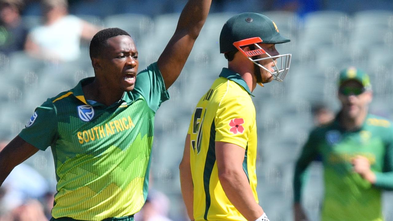 Kagiso Rabada of South Africa celebrates the dismissal of Chris Lynn of Australia during the second One-Day International.