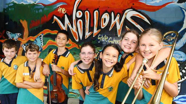 Willows State School students, Xavier Gregory, Harleim Kennedy, Adam Argall, Sophie Wilson, Alanna Argall, Arya Wilson and Lily Fryer have unveiled a new school song and music video. Picture: Shae Beplate.