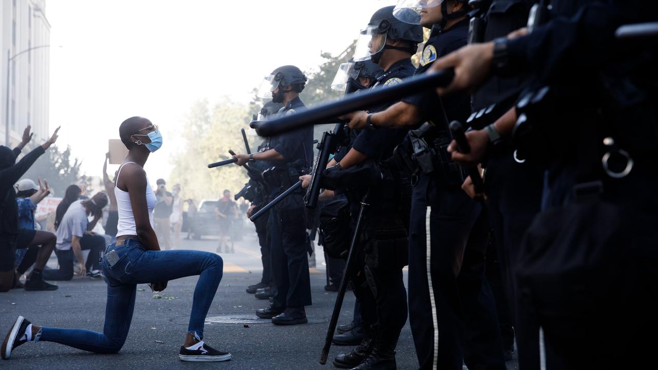 San Francisco 49ers quarterback Colin Kaepernick began the take a knee movement in 2016, since seen at protests across the US including here in San Jose, California. Picture: Dai Sugano/MediaNews Group/The Mercury News via Getty Images