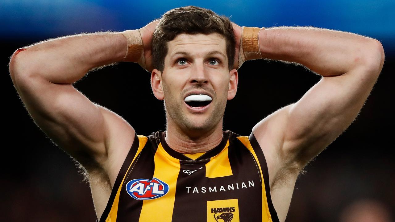 MELBOURNE, AUSTRALIA - JULY 30: Luke Breust of the Hawks reacts to a missed shot on goal during the 2022 AFL Round 20 match between the St Kilda Saints and the Hawthorn Hawks at Marvel Stadium on July 30, 2022 in Melbourne, Australia. (Photo by Dylan Burns/AFL Photos via Getty Images)