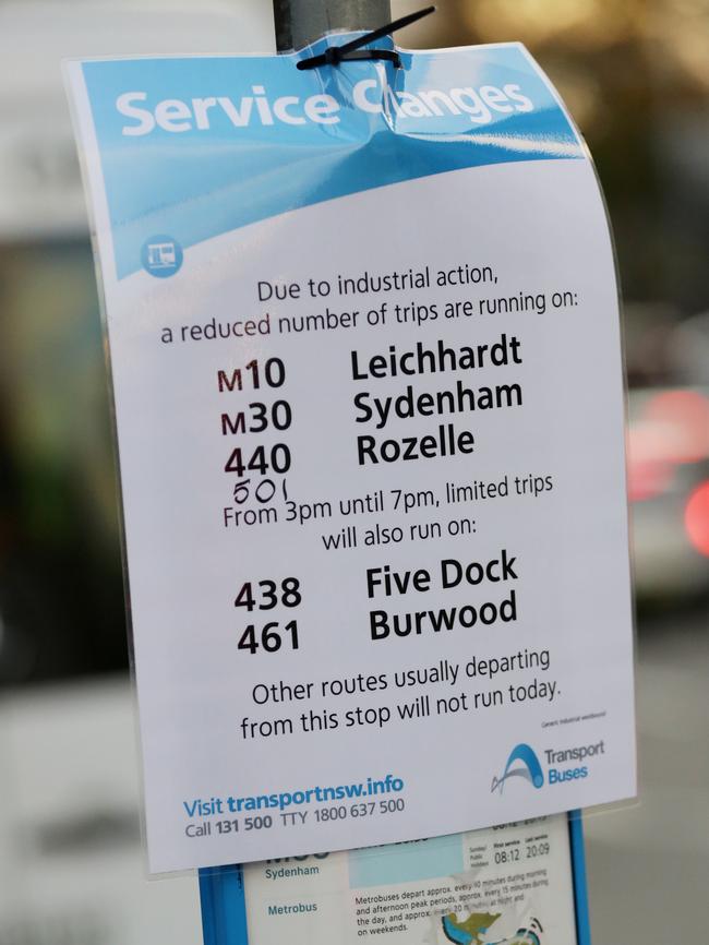 A print-out on a post at Central shows changes to inner west bus services. Picture: Christian Gilles