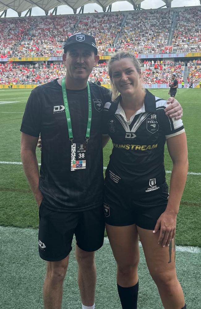 Justen Parle with Kiwi Ferns' player Bri Clark, who plays with the Brisbane Broncos.