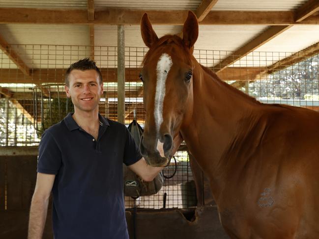 DAILY TELEGRAPH OCTOBER 16, 2022. The Everest winner Giga Kick with trainer Clayton Douglas in his stable at Royal Randwick Racecourse, the morning after his upset win. Picture: Jonathan Ng