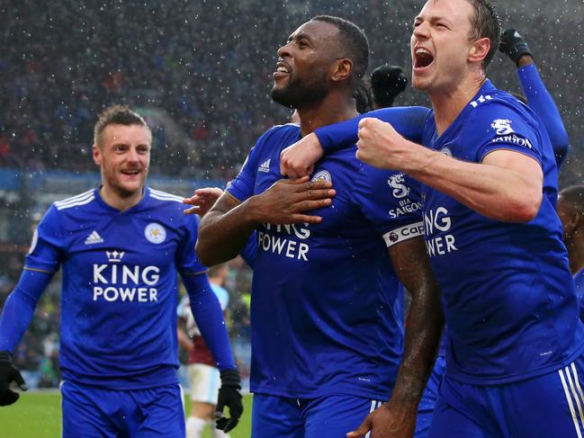BURNLEY, ENGLAND - MARCH 16: Wes Morgan of Leicester City celebrates with teammates after scoring his team's second goal during the Premier League match between Burnley FC and Leicester City at Turf Moor on March 16, 2019 in Burnley, United Kingdom. (Photo by Alex Livesey/Getty Images)