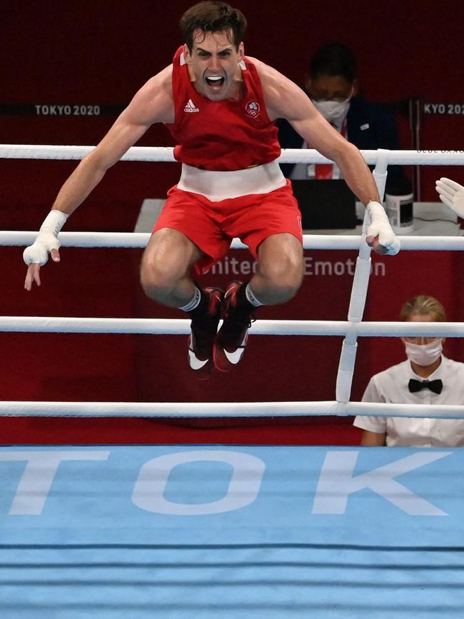 Aidan Walsh jumps for joy after being awarded the win over Merven Clair. Picture: AFP