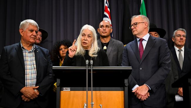 Marcia Langton speaks to the media during a press conference next to Anthony Albanese.