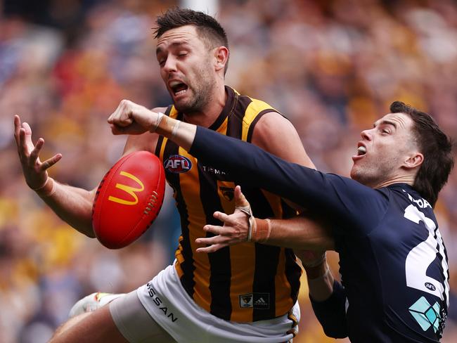 Lachie Plowman spoils Jack Gunston. Picture: Michael Klein