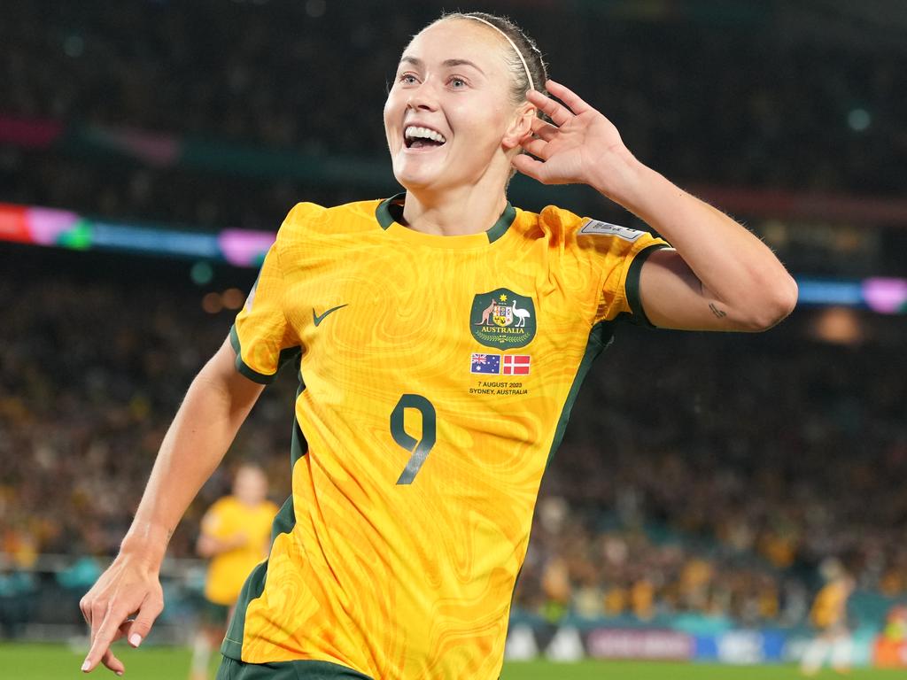 Caitlin Foord put Australia ahead in their knockout clash with Denmark. Picture: Fred Lee/Getty Images