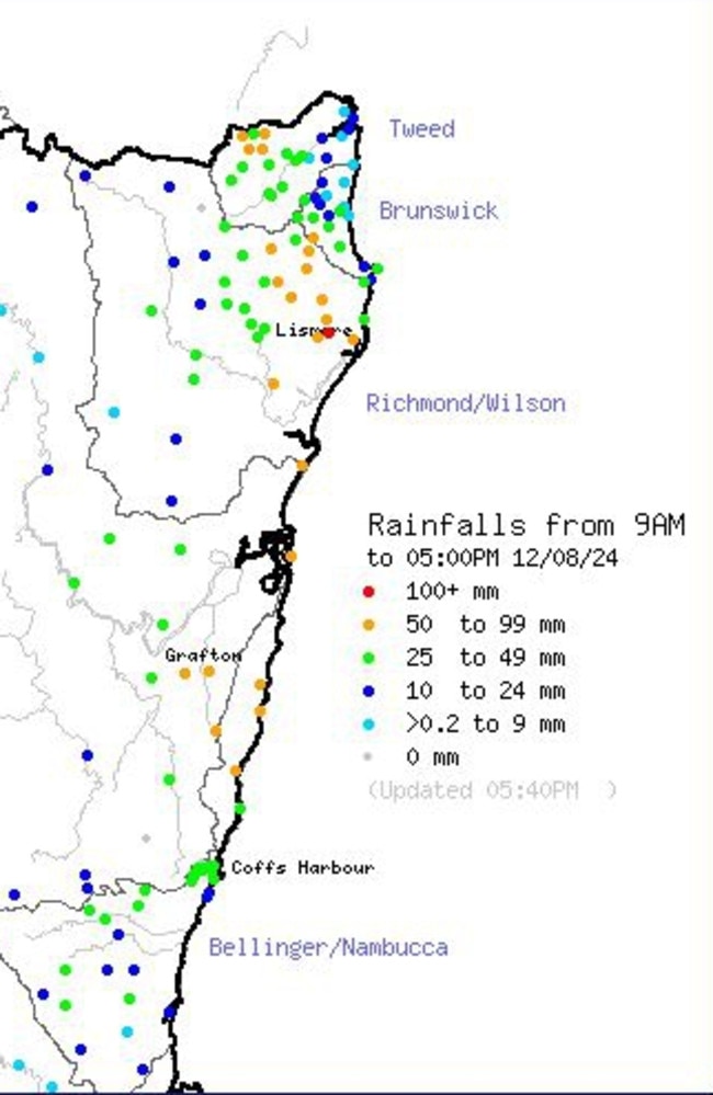 Rainfall in northern NSW from 9am to 5pm on Monday. Picture: BOM