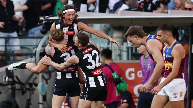 Jack Ginnivan celebrates on the final siren. Picture: Michael Klein