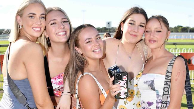 Lauren Sinn, Holly Hurd, Abbey Yeung, Mikayla Selby and Mia Davies at Ladies Oaks Day, Caloundra. Picture: Patrick Woods.